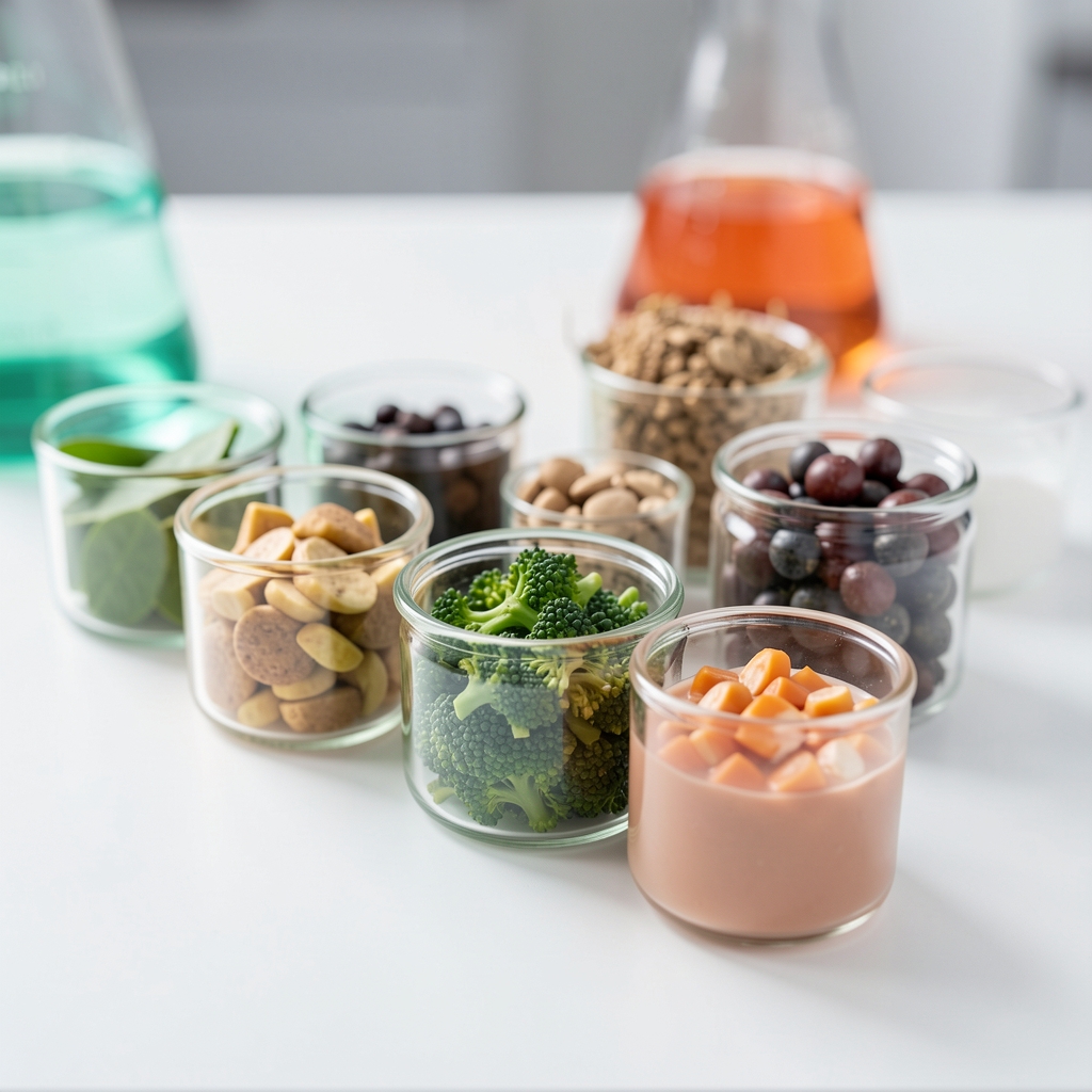 Close-up of plant-based ingredient samples arranged in small glass vessels on a white laboratory surface