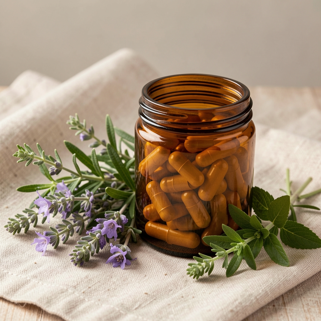 Elaro supplement soft-gels in a clean amber glass jar placed next to fresh botanical herbs on a natural linen cloth