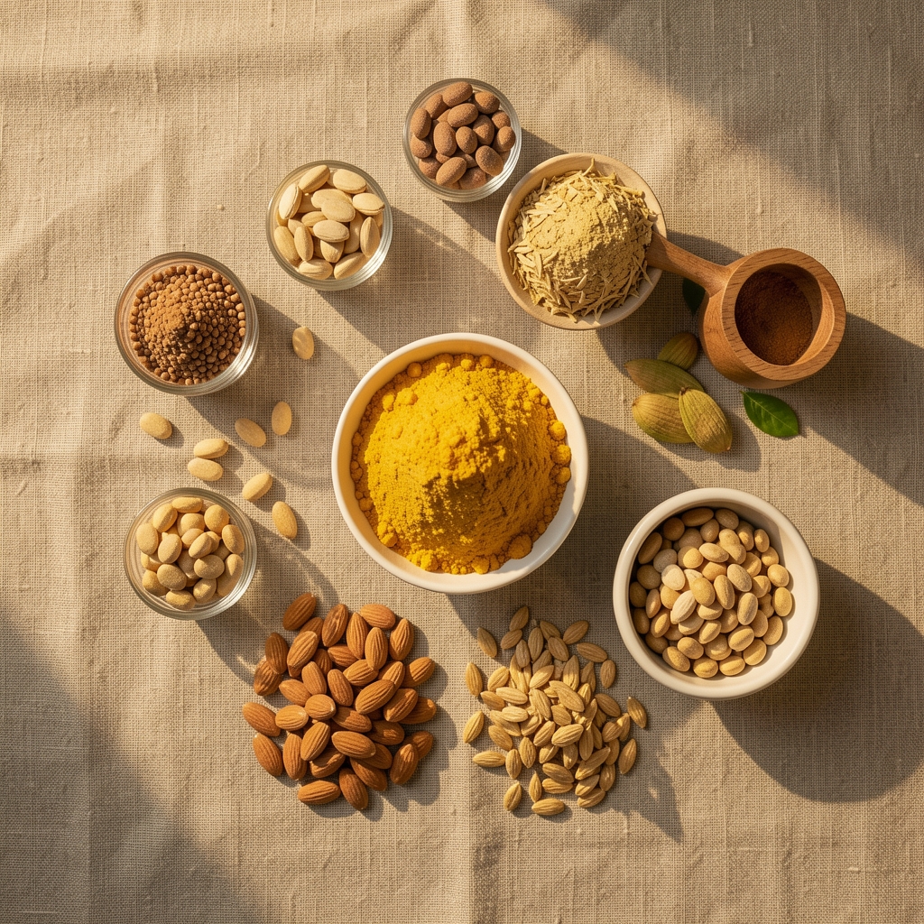 Overhead flat-lay of daily supplement ingredients arranged methodically on a linen surface in warm morning light