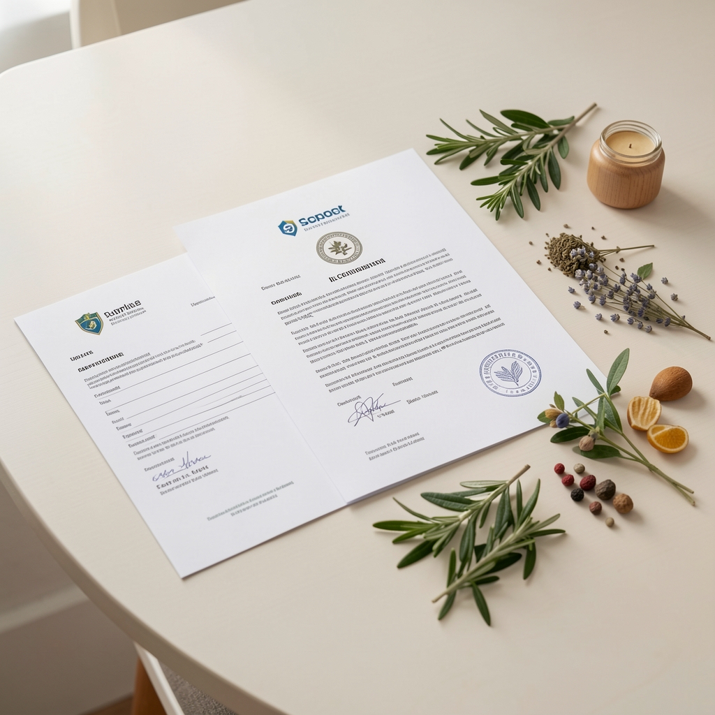 Supplier documentation and certificate of composition papers arranged on a clean table with botanical ingredient samples