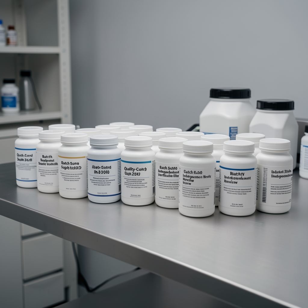 Quality-control bench with batch-coded supplement containers lined up for independent verification review under studio lighting
