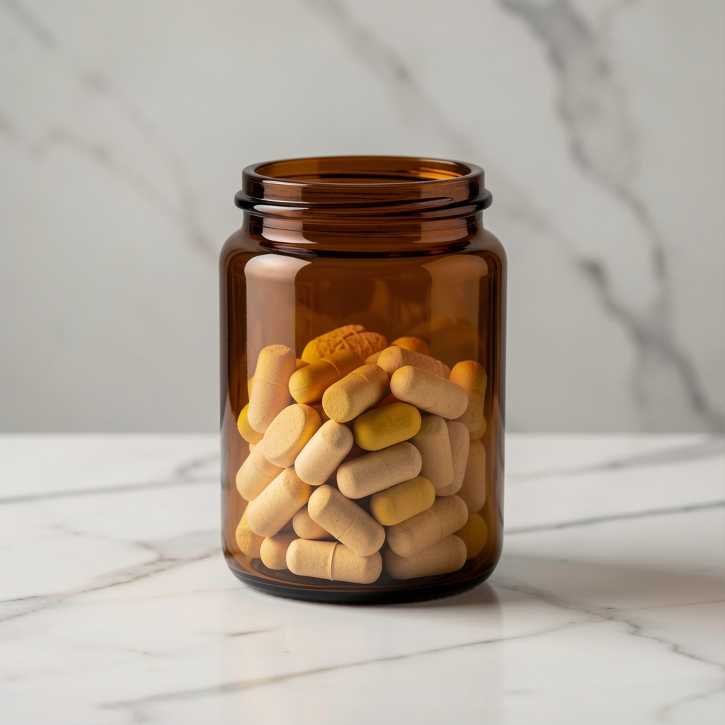 Morning supplement composition in clean amber glass jar placed on a marble surface under controlled studio lighting
