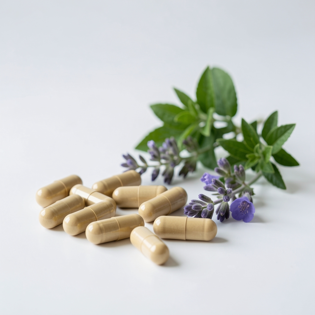 Endurance and stamina nutritional supplement soft-gels arranged on a clean white surface with botanical plant extract visible